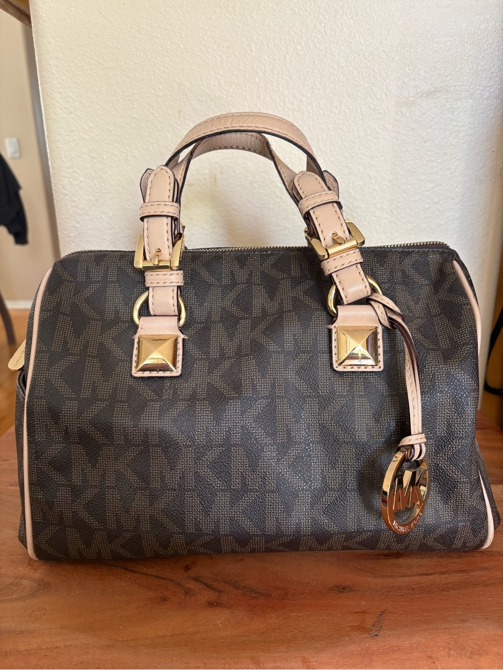 Michael Kors Signature Monogram Satchel Brown Pink Trim Gold Hardware